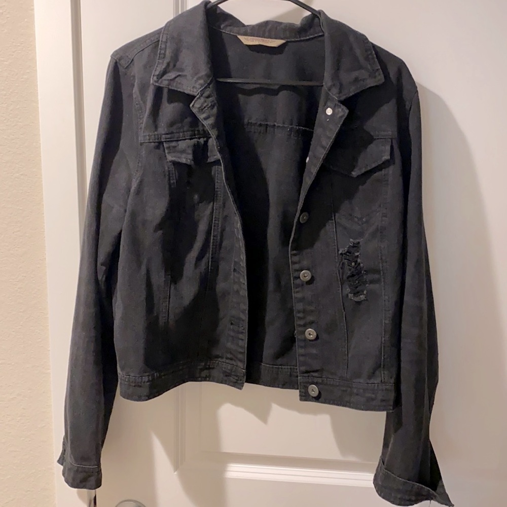Washed black jean jacket with destruction